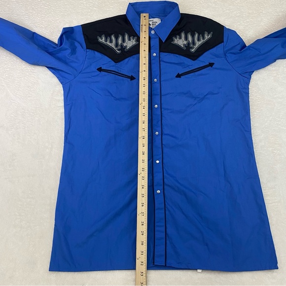 Vintage MWG Johnny West Western Men Shirts Blue Black Size Large LS Pearl Snap - Picture 10 of 11